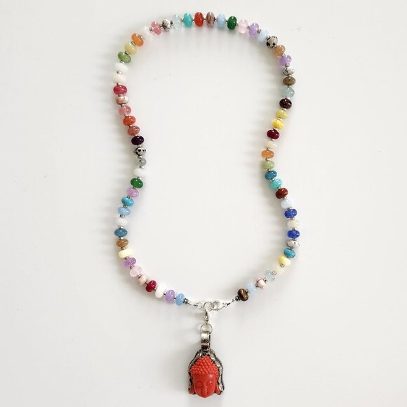 MIXED JELLYBEAN COLORED GEMSTONES W/ BUDDHA PENDANT--20" - Picture 2 of 2